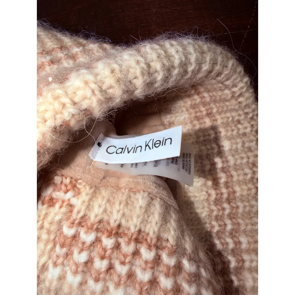 Calvin Klein Beanie Hat Tan‎ White Fleece Lined Knit Cuff Winter Beanie